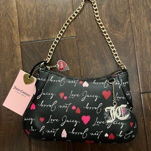 Juicy Couture Black Shoulder Bag with Pink & Red Heart Print and Gold Chain